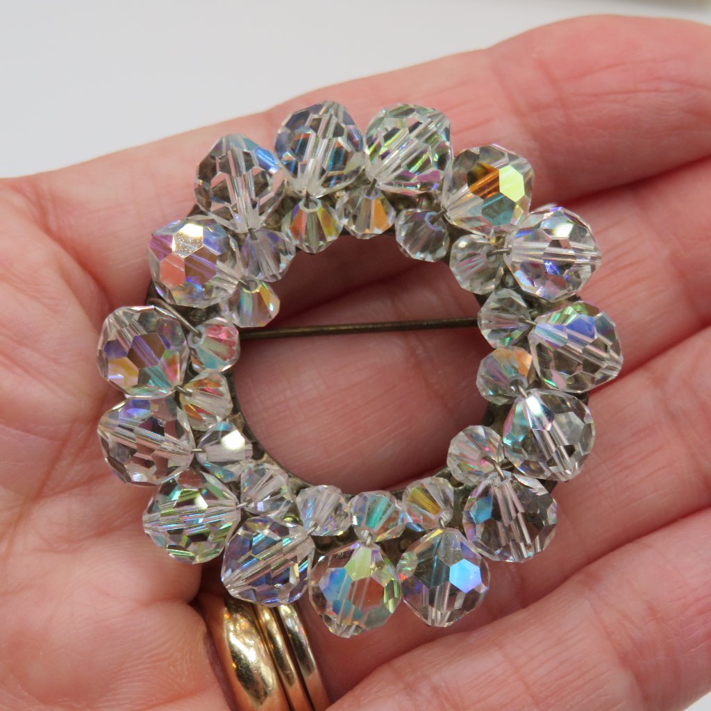Vintage Aurora Borealis Ab Beaded Circle Brooch